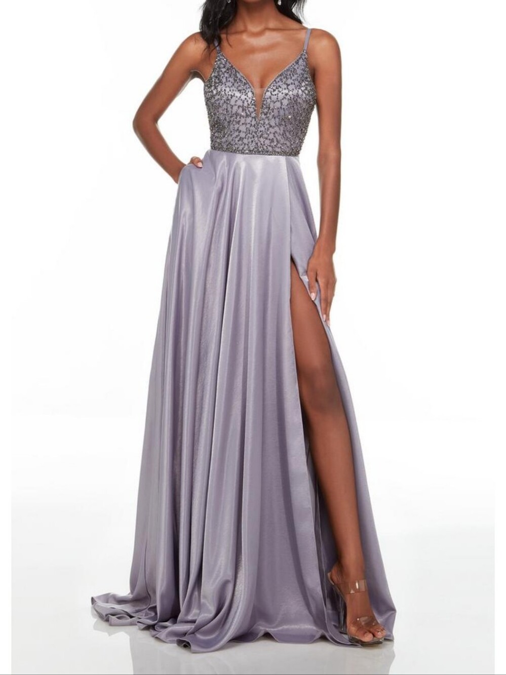 Size 18 Lilac Grey Thin Strap Beaded Top Soft And Flowy Aline Gown By Alyce NWT
